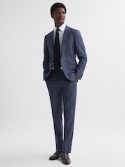 Reiss Indigo Barrett Slim Fit Single Breasted Wool-Linen Check Blazer - Image 3 of 6