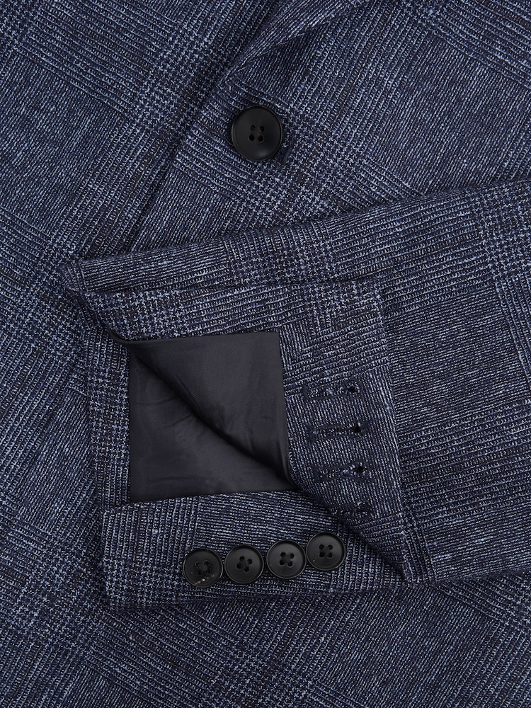 Reiss Indigo Barrett Slim Fit Single Breasted Wool-Linen Check Blazer - Image 6 of 6
