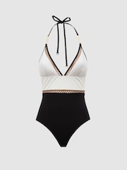 Reiss White/Tan Ray Colourblock Halter Swimsuit - Image 2 of 5