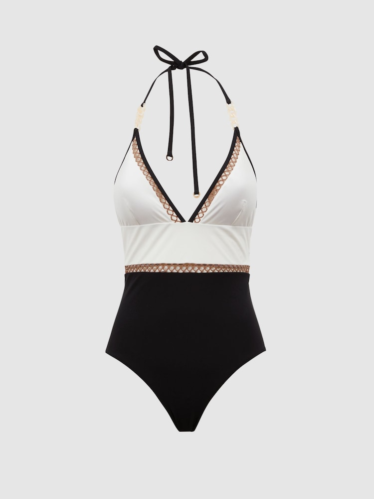 Reiss White/Tan Ray Colourblock Halter Swimsuit - Image 2 of 5
