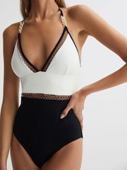 Reiss White/Tan Ray Colourblock Halter Swimsuit - Image 3 of 5