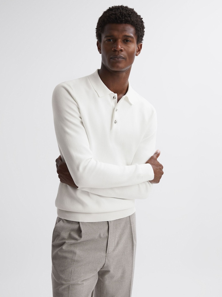 Reiss Ecru Sharp Long Sleeve Polo Shirt - Image 1 of 5 Reiss Ecru Sharp Long Sleeve Polo Shirt - Image 1 of 5