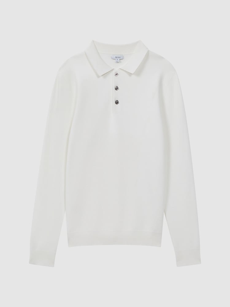 Reiss Ecru Sharp Long Sleeve Polo Shirt - Image 2 of 5 Reiss Ecru Sharp Long Sleeve Polo Shirt - Image 2 of 5