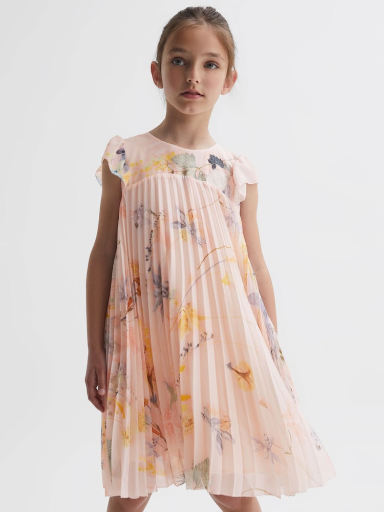 Reiss Pink Sade 4-9 yrs Floral Pleated Cap Sleeve Dress - Image 1 of 6