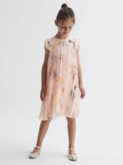 Reiss Pink Sade 4-9 yrs Floral Pleated Cap Sleeve Dress - Image 3 of 6