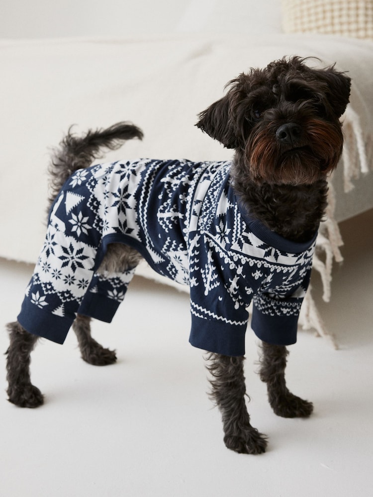 Navy Blue Fairisle Pattern Matching Family Pet Christmas Cotton Pyjamas - Image 4 of 7