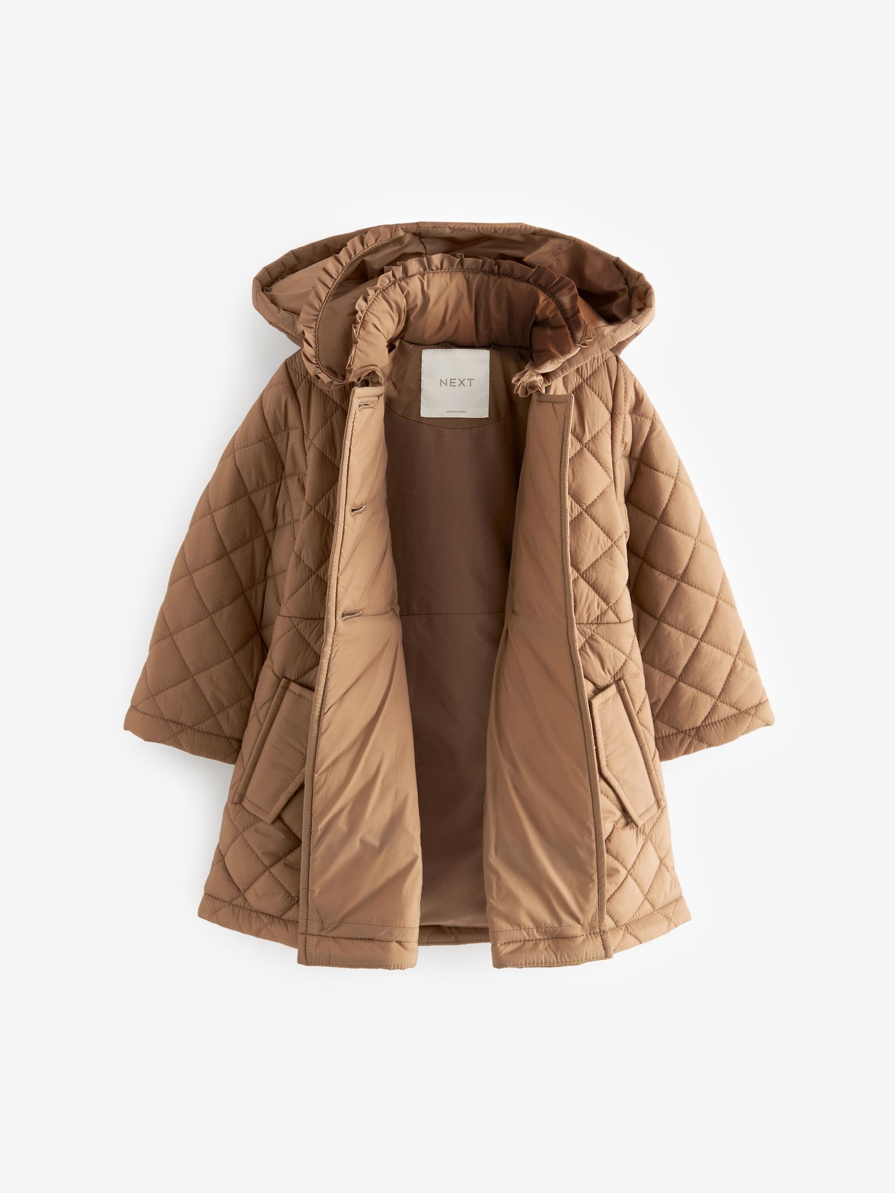 Buy Camel Shower Resistant Frill Collar Quilted Coat 3mths 7yrs from Next Luxembourg