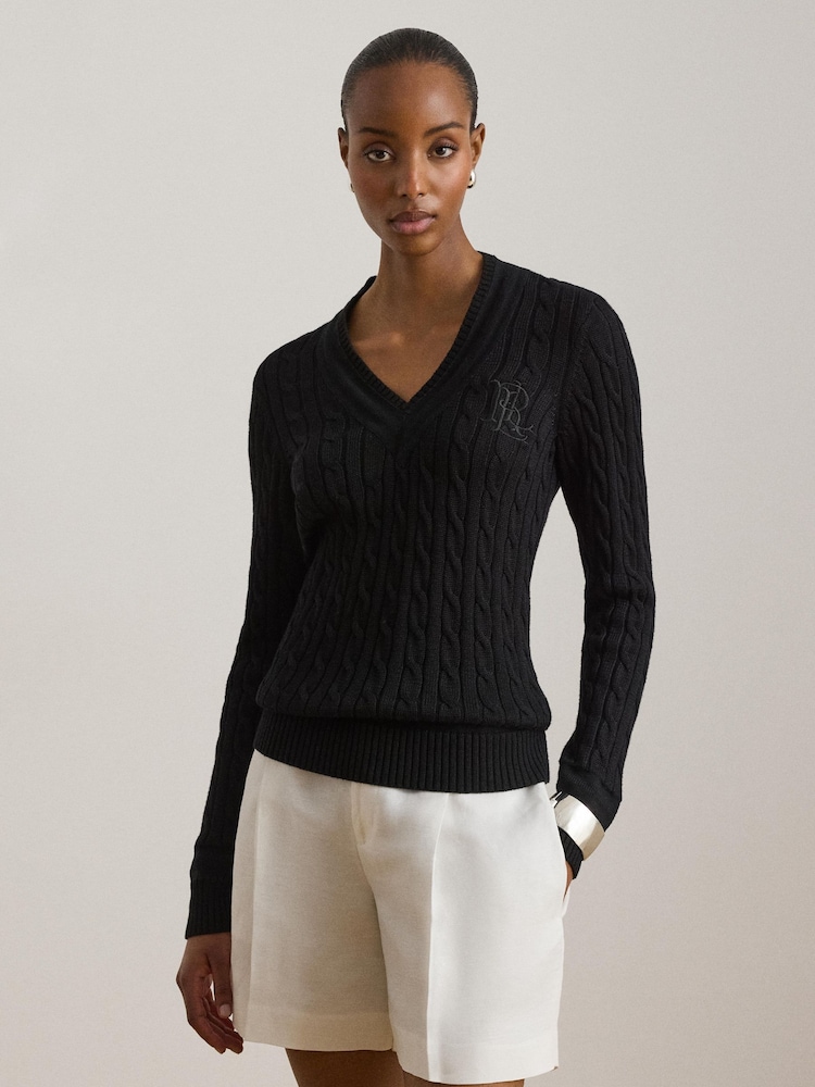 Lauren Ralph Lauren Meren Cotton Blend V-Neck Sweater with Crest - Slika 1 od 9