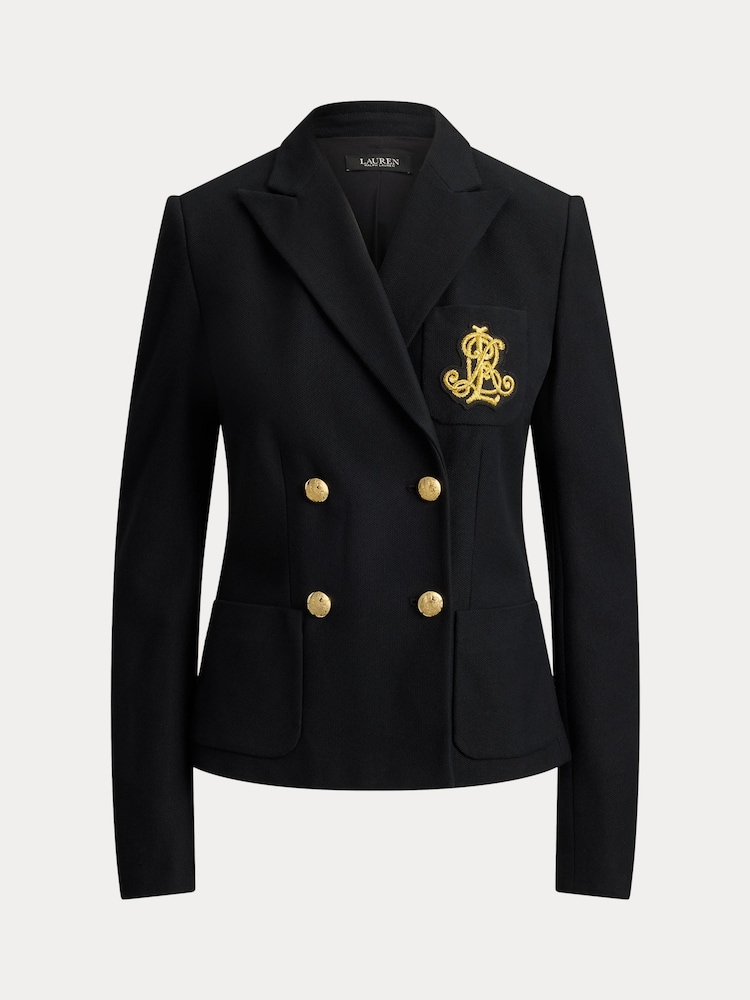 Lauren Ralph Lauren Black Anfisa Stretch Cotton Pique Double Breasted Jacket with Crest - Image 6 of 6