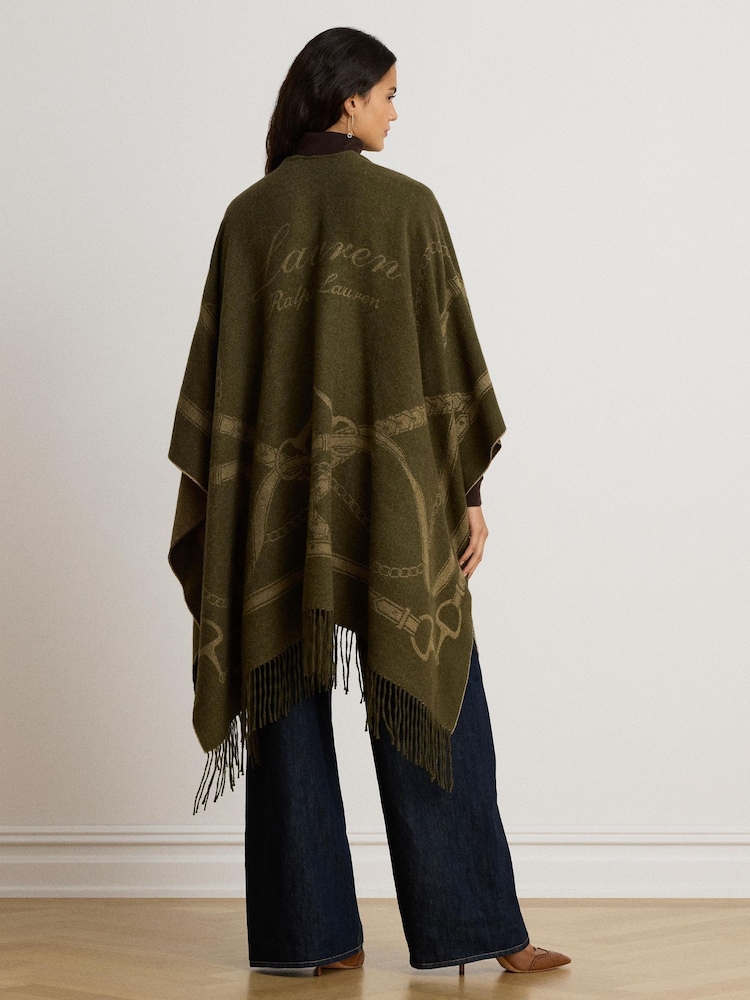 Lauren Ralph Lauren Green Equestrian Print Fringed Poncho - Image 2 of 4
