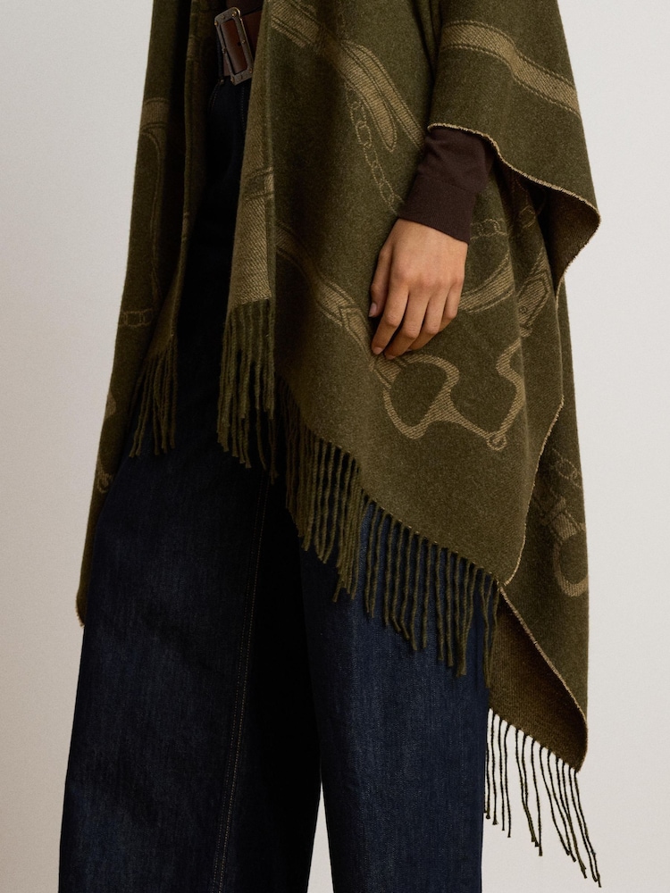 Lauren Ralph Lauren Green Equestrian Print Fringed Poncho - Image 4 of 4