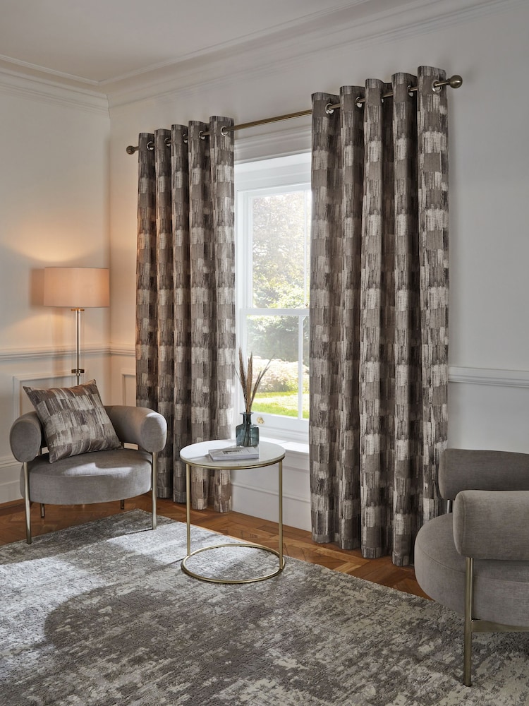 Silver Metallic Abstract Jacquard Eyelet Lined Curtains - Image 1 of 6