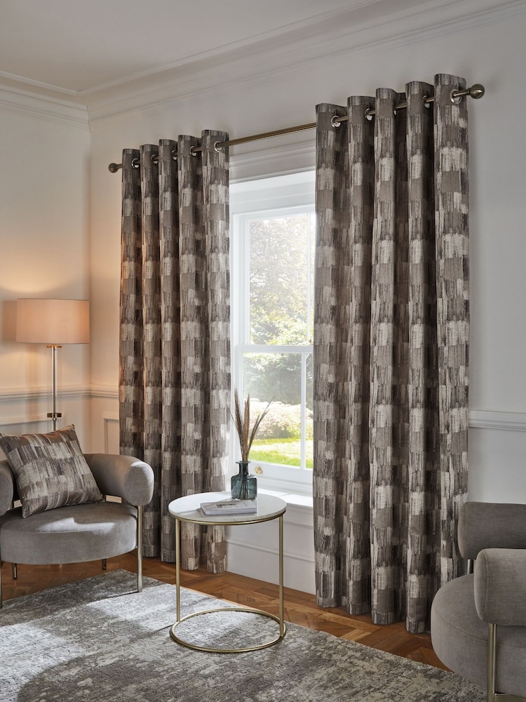 Silver Metallic Abstract Jacquard Eyelet Lined Curtains - Image 2 of 6