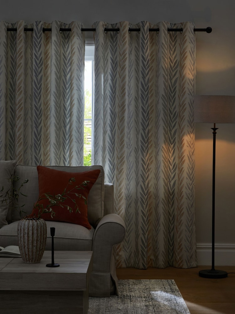 Natural Leaf Stripe Eyelet Lined Curtains - Image 2 of 5