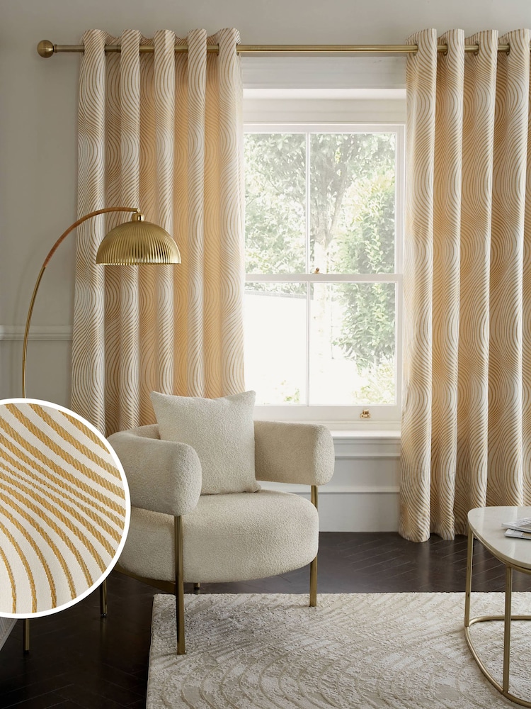 Champagne Gold Valencia Wave Jacquard Eyelet Lined Curtains - Image 1 of 6
