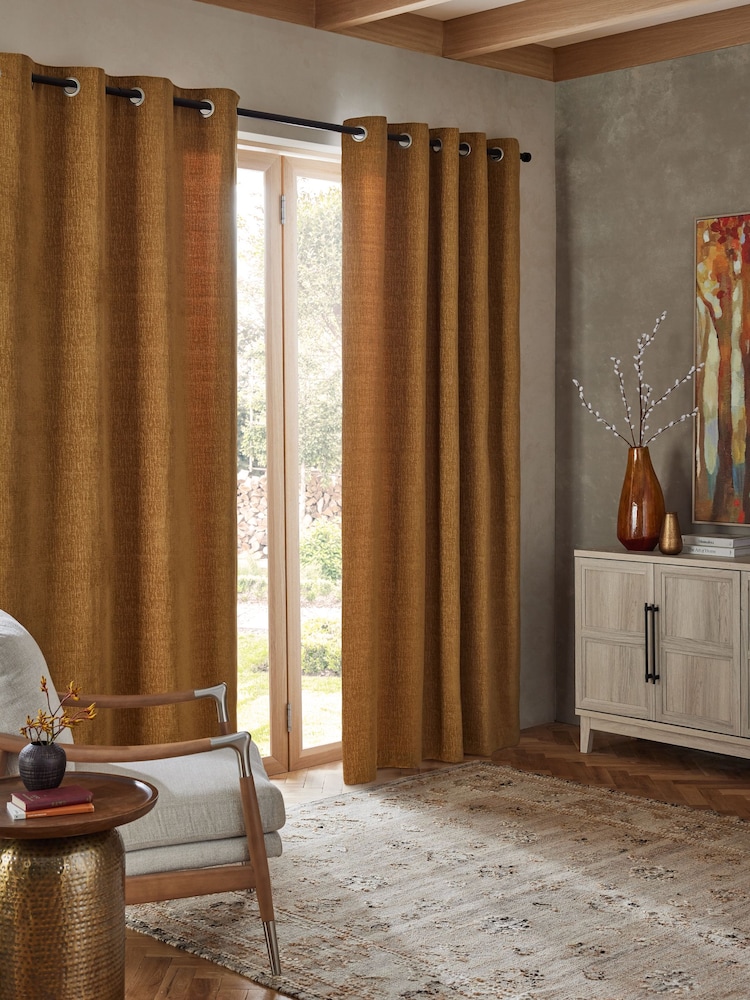 Mustard Yellow Heavyweight Chenille Eyelet Lined Curtains - Image 1 of 9