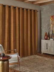 Mustard Yellow Heavyweight Chenille Eyelet Lined Curtains - Image 3 of 9