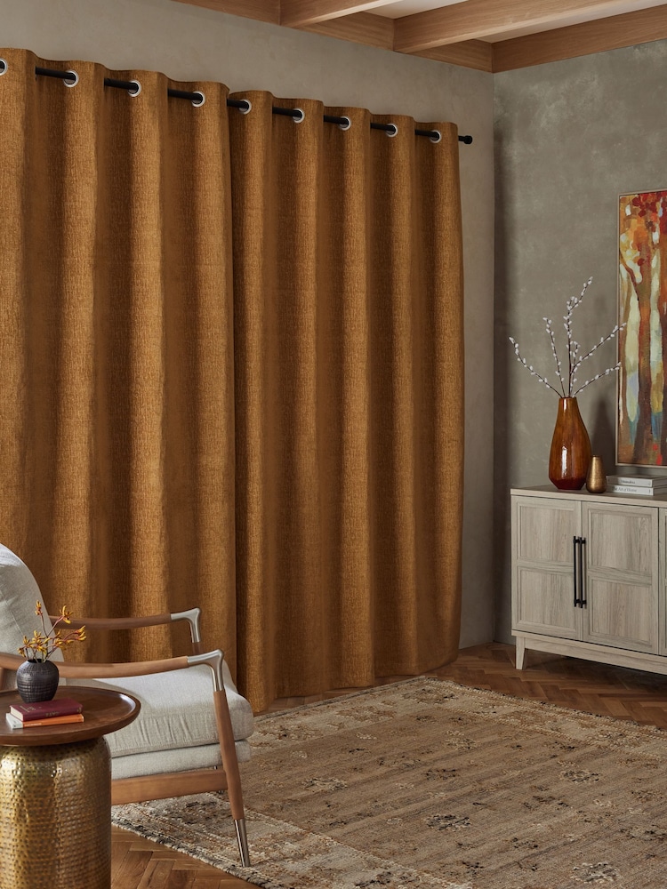 Mustard Yellow Heavyweight Chenille Eyelet Lined Curtains - Image 3 of 9