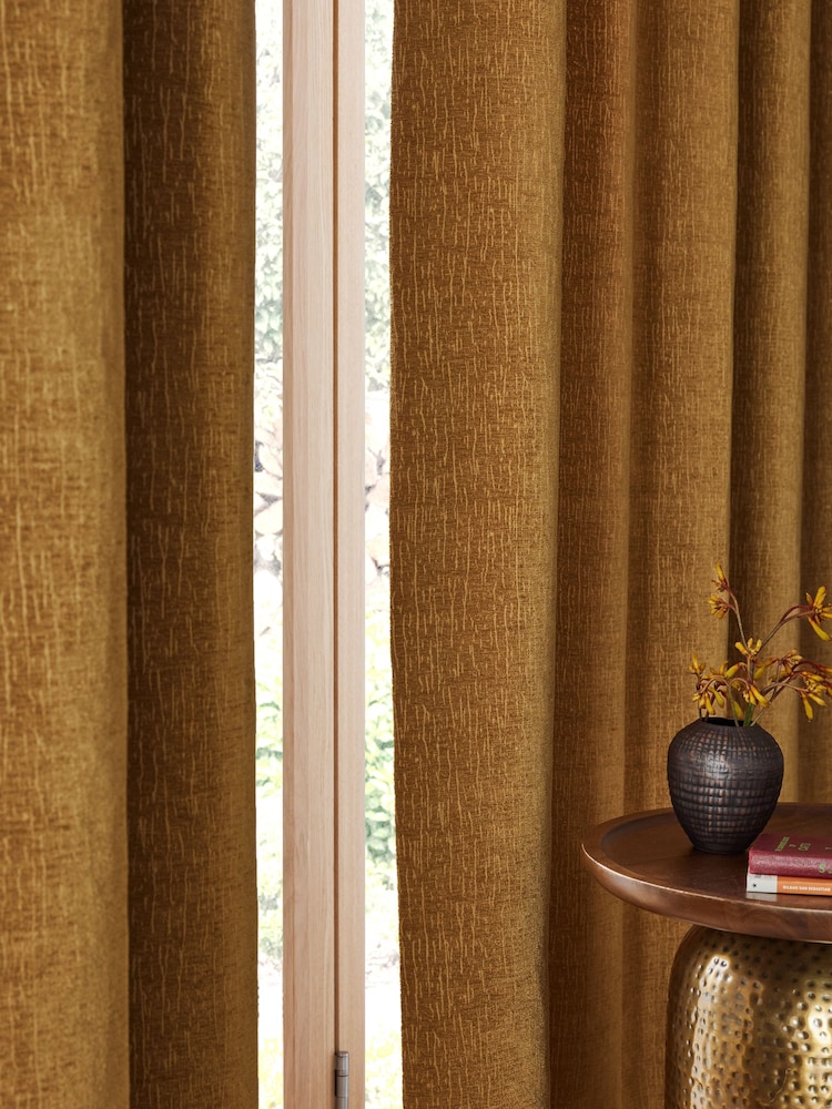 Mustard Yellow Heavyweight Chenille Eyelet Lined Curtains - Image 4 of 9