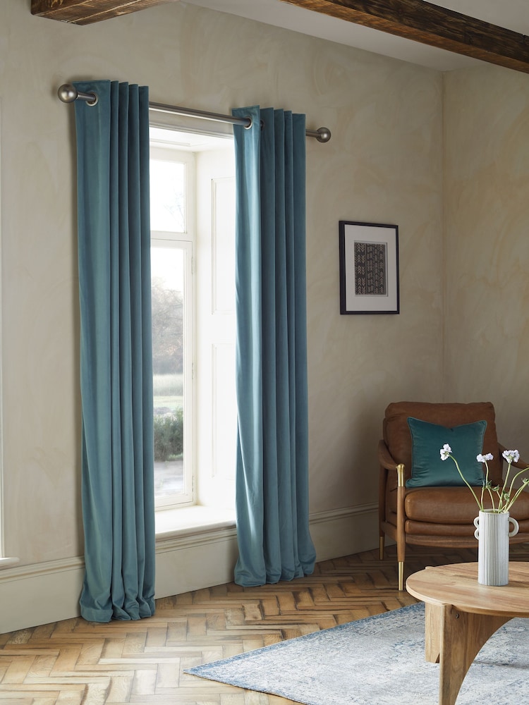 Blue Pale Matte Velvet Blackout/Thermal Eyelet Curtains - Image 1 of 8