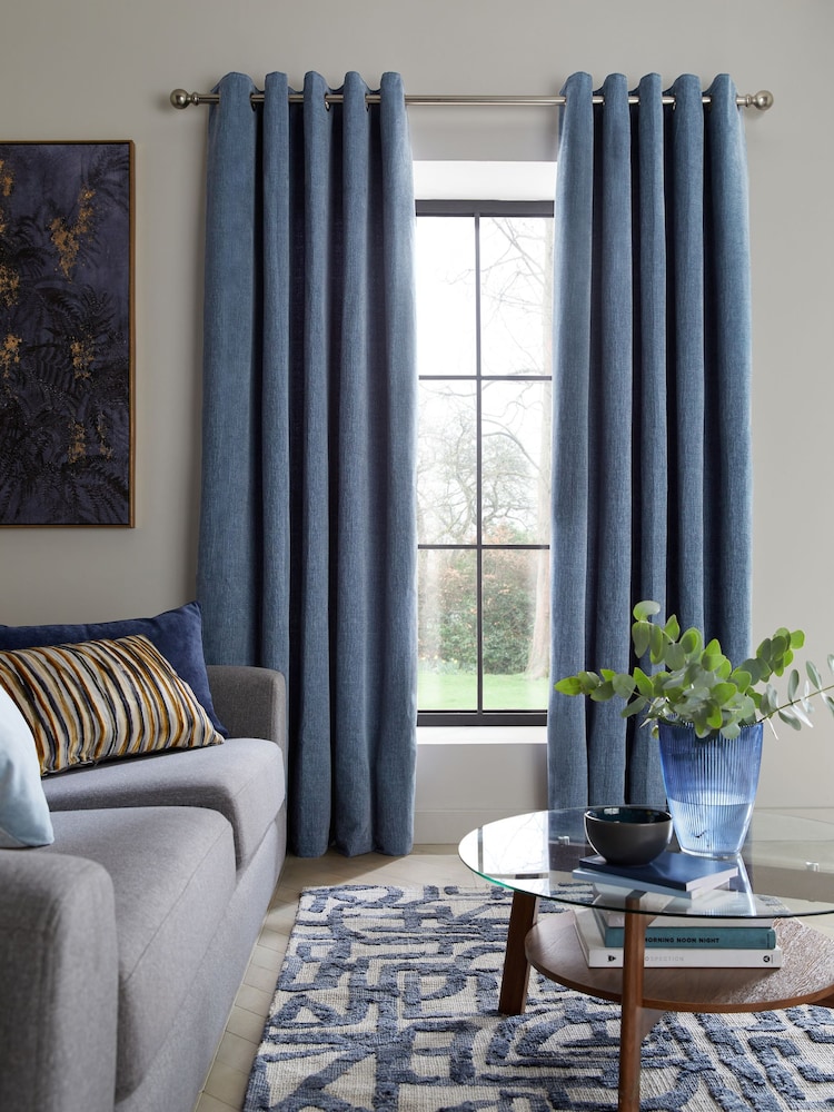 Blue Flint Heavyweight Chenille Eyelet Lined Curtains - Image 1 of 9
