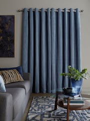 Blue Flint Heavyweight Chenille Eyelet Lined Curtains - Image 3 of 9
