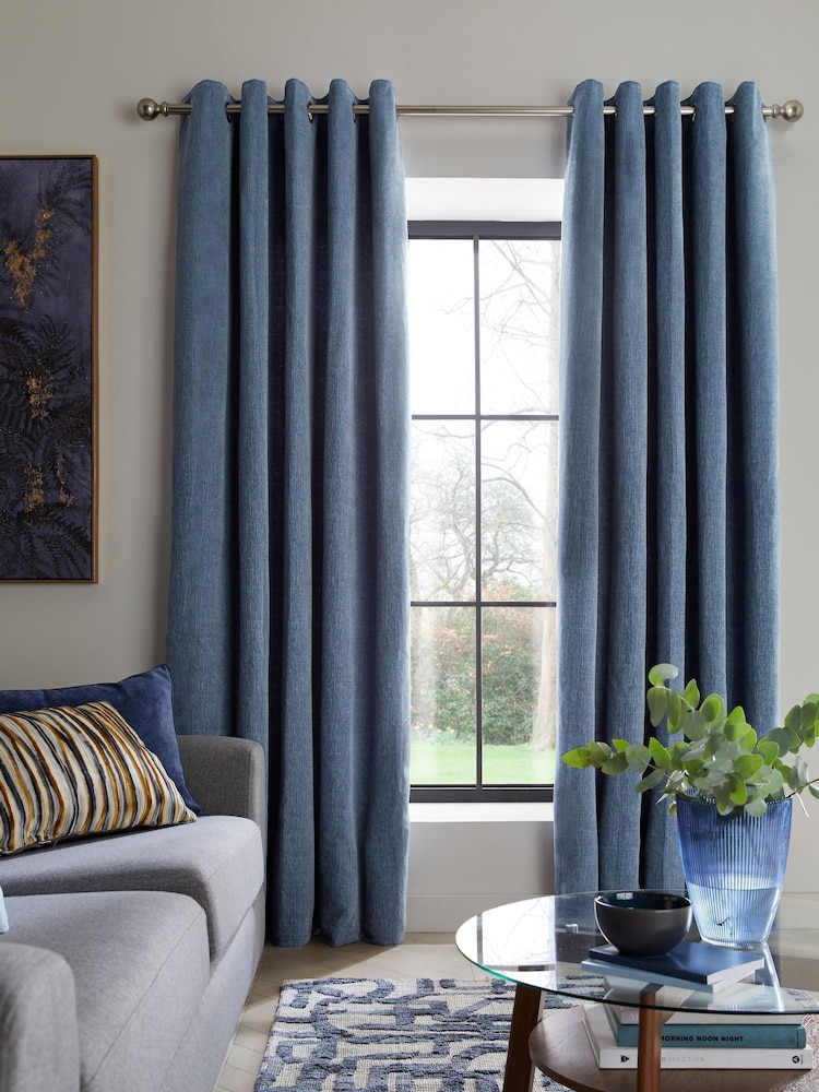 Blue Flint Heavyweight Chenille Eyelet Lined Curtains - Image 9 of 9