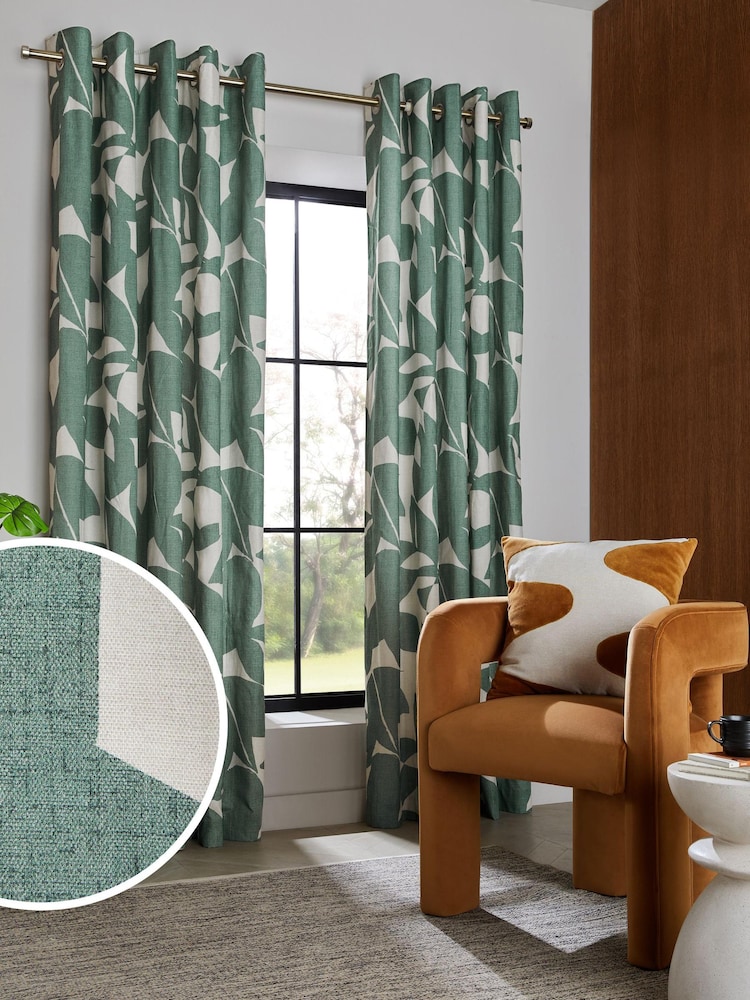 Teal Green Overscale Leaf Eyelet Lined Curtains - Image 1 of 5