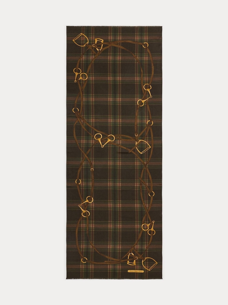 Lauren Ralph Lauren Brown Wool Check and Bridle Print Pashmina Scarf - Image 2 of 3 Lauren Ralph Lauren Brown Wool Check and Bridle Print Pashmina Scarf - Image 2 of 3