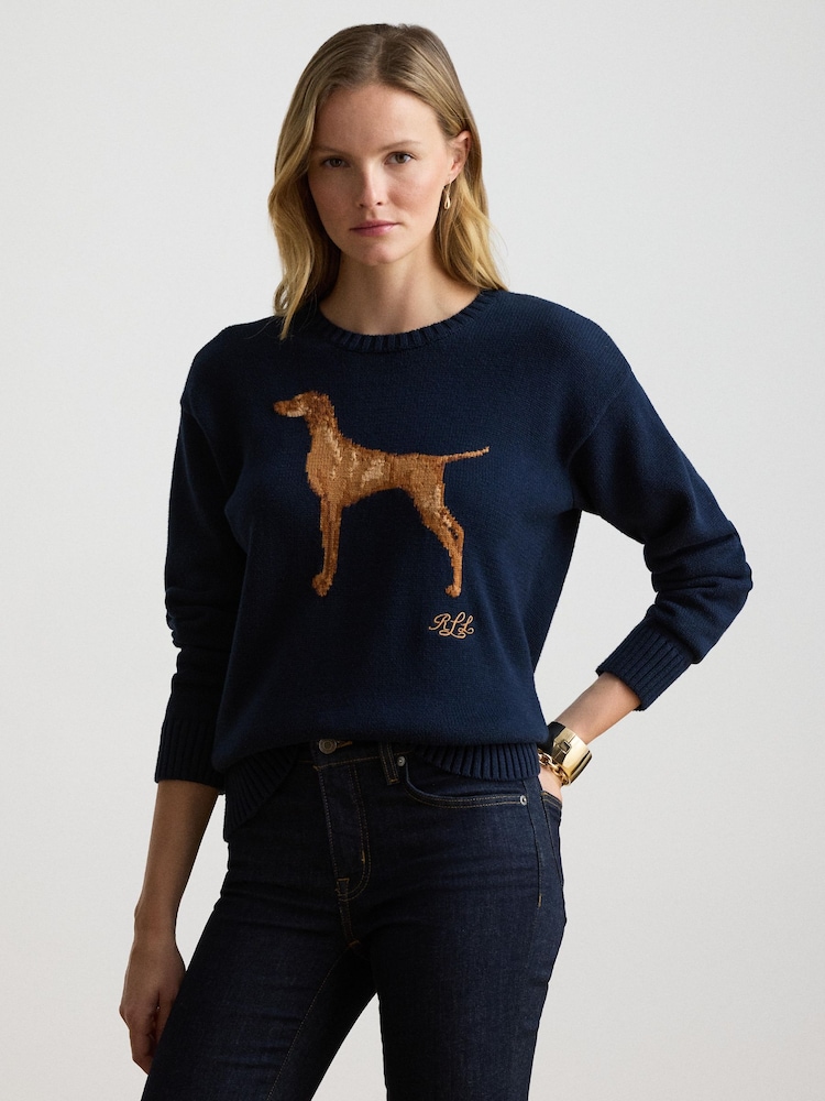 Lauren Ralph Lauren Blue Viszla Intarsia Crew Neck Sweater - Image 1 of 6 Lauren Ralph Lauren Blue Viszla Intarsia Crew Neck Sweater - Image 1 of 6