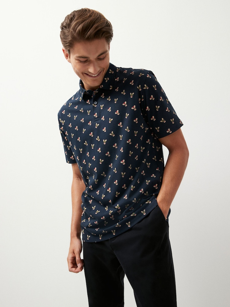 Navy Blue Reindeer Christmas Print Polo Shirt - Image 1 of 7