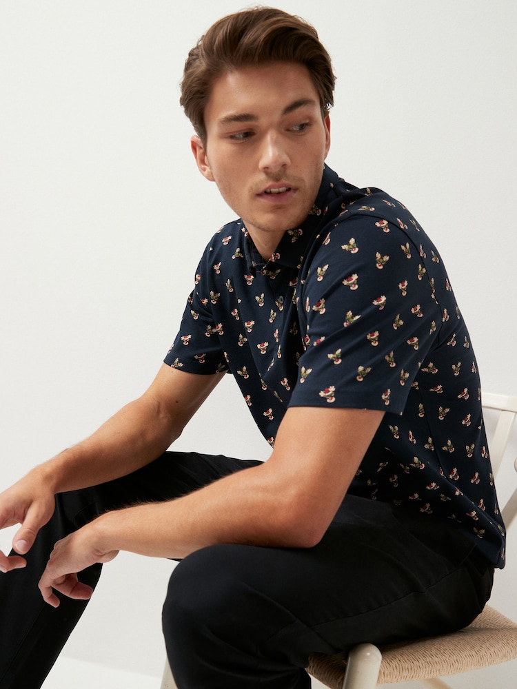 Navy Blue Reindeer Christmas Print Polo Shirt - Image 2 of 7