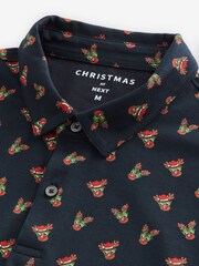 Navy Blue Reindeer Christmas Print Polo Shirt - Image 6 of 7