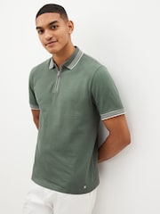 Sage Green Tipped Short Sleeve 100% Cotton Textured Quarter Zip Polo Shirts - Image 1 of 9