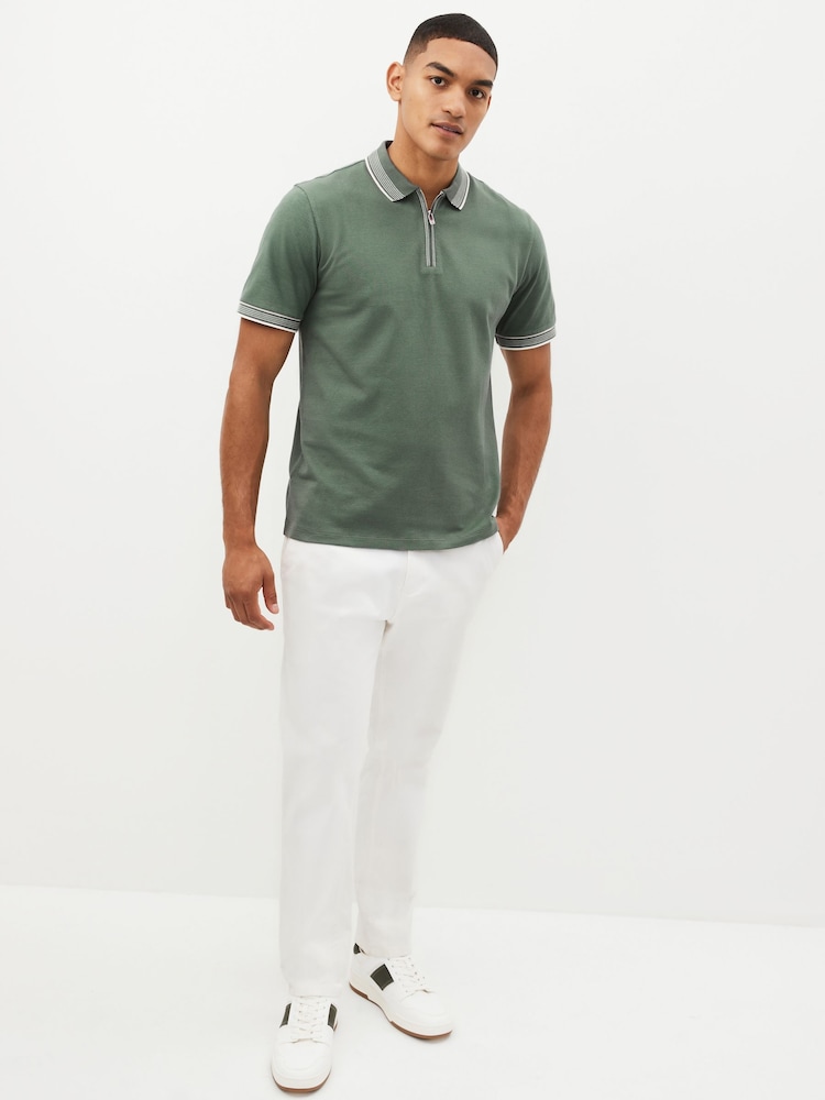 Sage Green Tipped Short Sleeve 100% Cotton Textured Quarter Zip Polo Shirts - Image 2 of 9