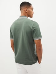 Sage Green Tipped Short Sleeve 100% Cotton Textured Quarter Zip Polo Shirts - Image 3 of 9