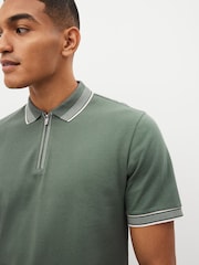 Sage Green Tipped Short Sleeve 100% Cotton Textured Quarter Zip Polo Shirts - Image 4 of 9