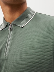 Sage Green Tipped Short Sleeve 100% Cotton Textured Quarter Zip Polo Shirts - Image 5 of 9