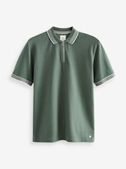 Sage Green Tipped Short Sleeve 100% Cotton Textured Quarter Zip Polo Shirts - Image 7 of 9