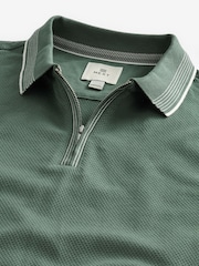 Sage Green Tipped Short Sleeve 100% Cotton Textured Quarter Zip Polo Shirts - Image 8 of 9