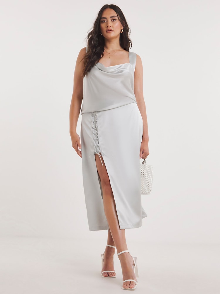 Simply Be Silver Premium Lace Up Stretch Satin Midaxi Skirt - Image 1 of 6