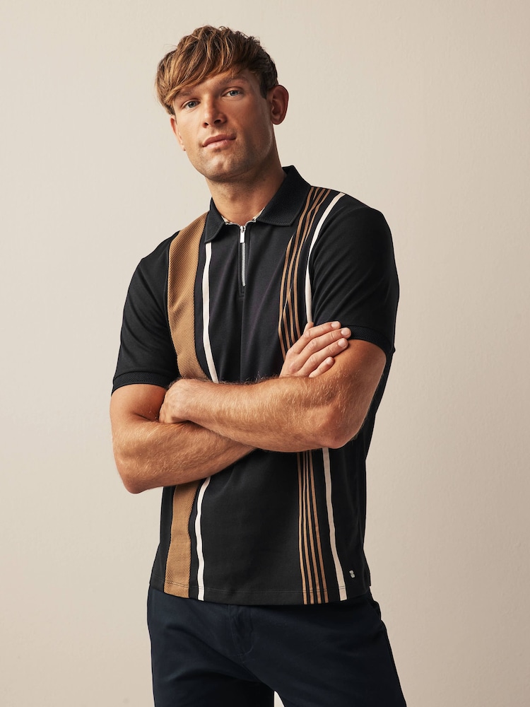 Черный/Светло-коричневый - Short Sleeve Black/Tan Brown Vertical Block Polo Shirt - Image 1 of 8