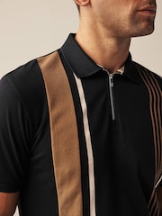 Черный/Светло-коричневый - Short Sleeve Black/Tan Brown Vertical Block Polo Shirt - Image 4 of 8