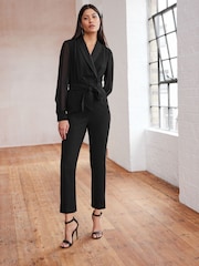 Black Sheer Sleeve Tuxedo Jumpsuit - Image 1 of 7