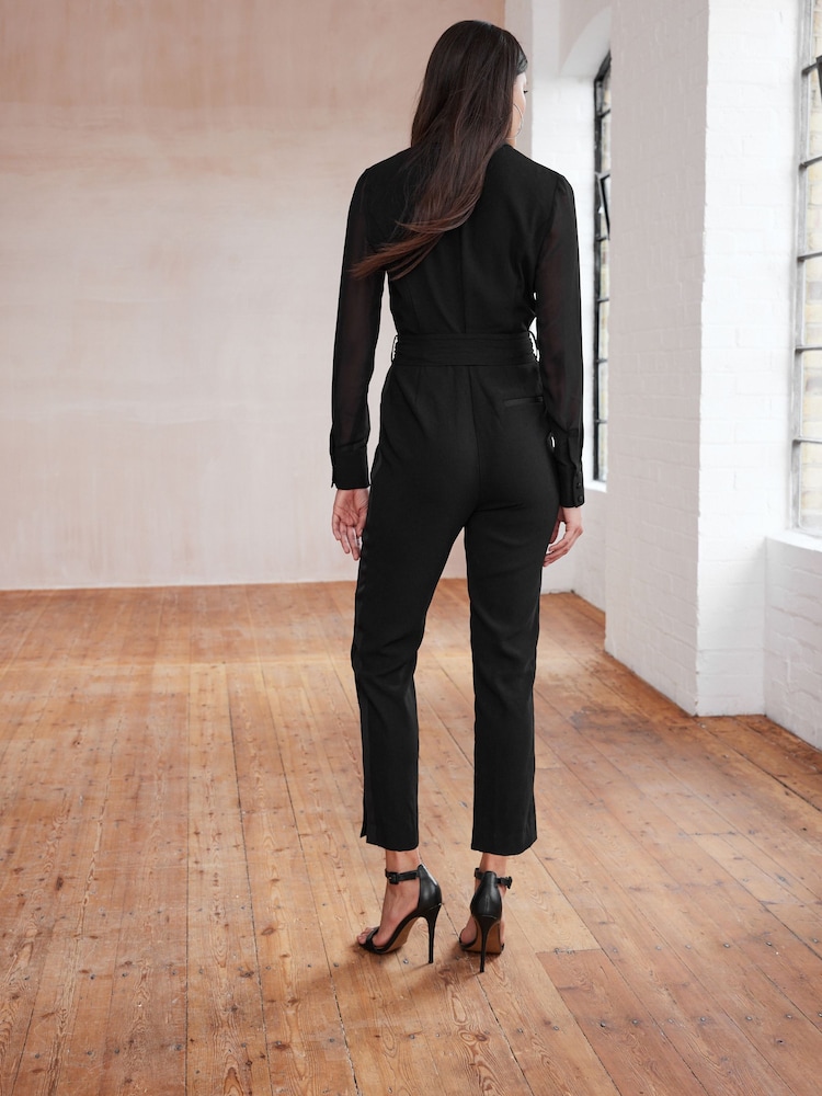Black Sheer Sleeve Tuxedo Jumpsuit - Image 2 of 7