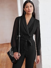Black Sheer Sleeve Tuxedo Jumpsuit - Image 3 of 7