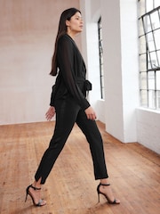 Black Sheer Sleeve Tuxedo Jumpsuit - Image 4 of 7