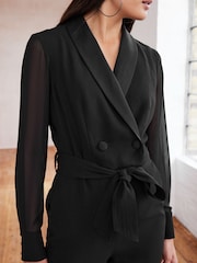 Black Sheer Sleeve Tuxedo Jumpsuit - Image 5 of 7
