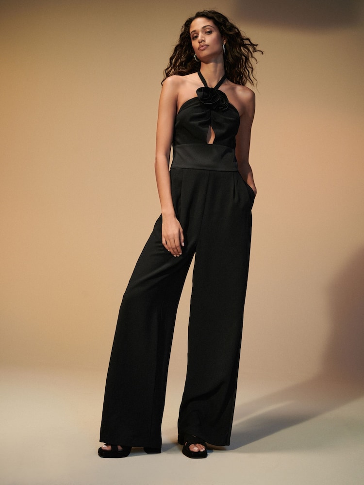 Black/White Corsage Crepe Tailored Jumpsuit - Image 1 of 6