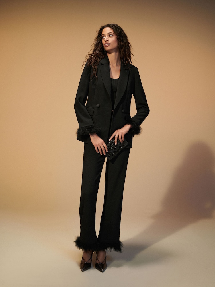 Black Feather Hem Straight Trousers - Image 1 of 7